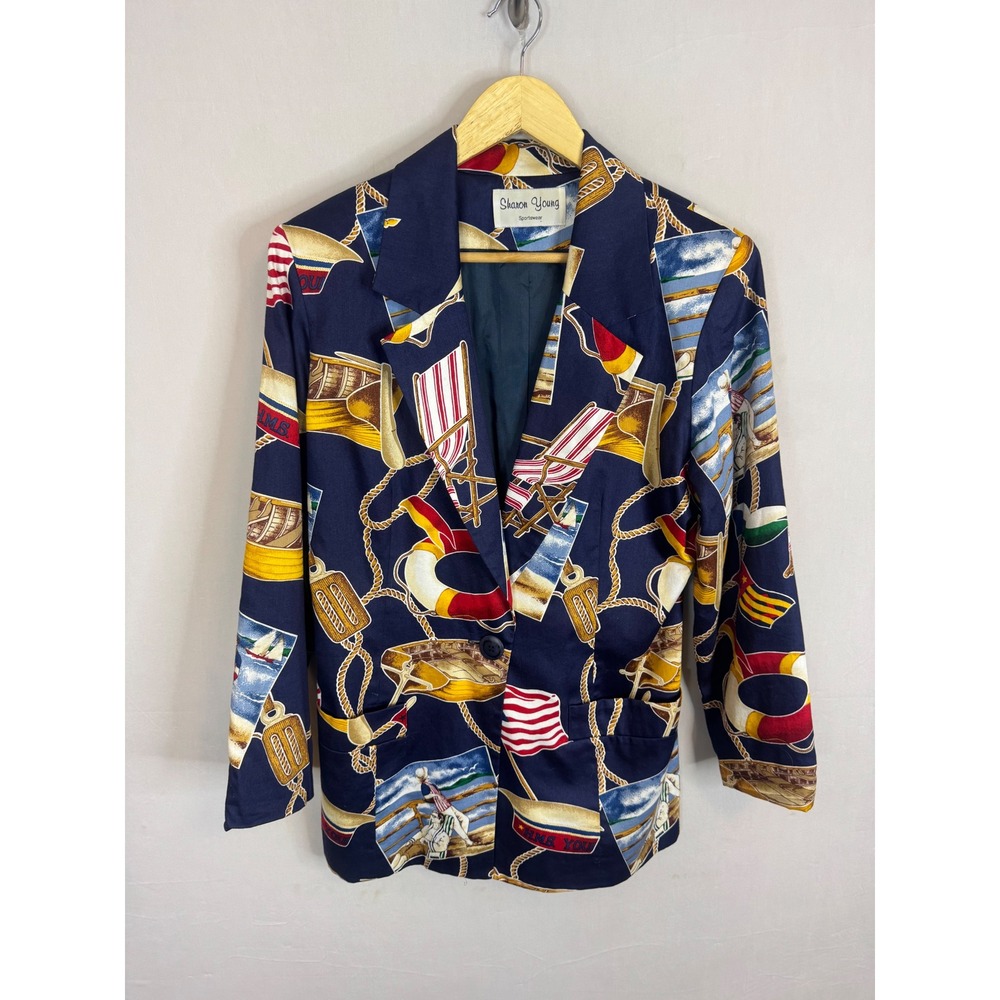 Vintage 90s Sharon Young Nautical USA Blazer Blue Sailboat Coastal Jacket Blazer